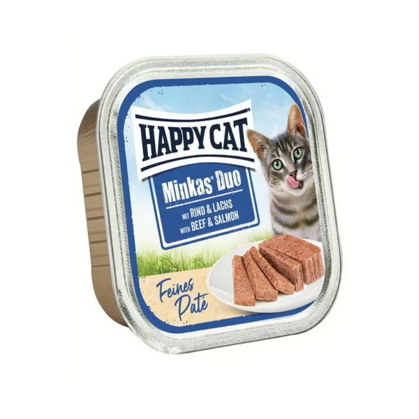 Happy Cat - пастет за котки с плътно говеждо месо и сочна сьомга - 6 броя х 100 гр.