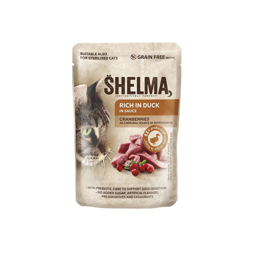 Shelma - паучове за котки с патешко и червени боровинки в сос - 12 броя х 85 гр.