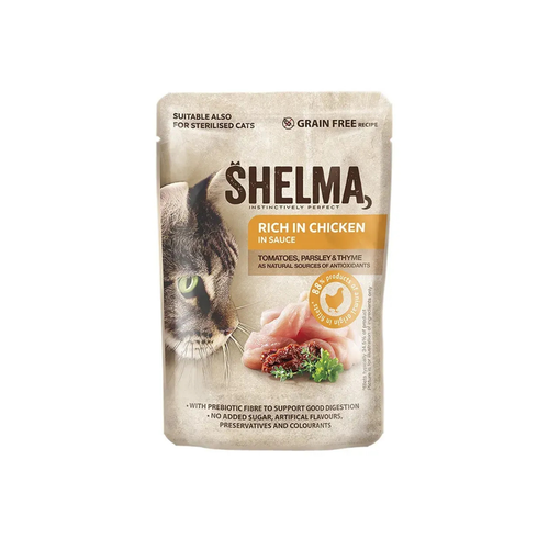 Shelma - паучове за котки с пилешко, домати, магданоз и мащерка в сос - 12 броя х 85 гр.