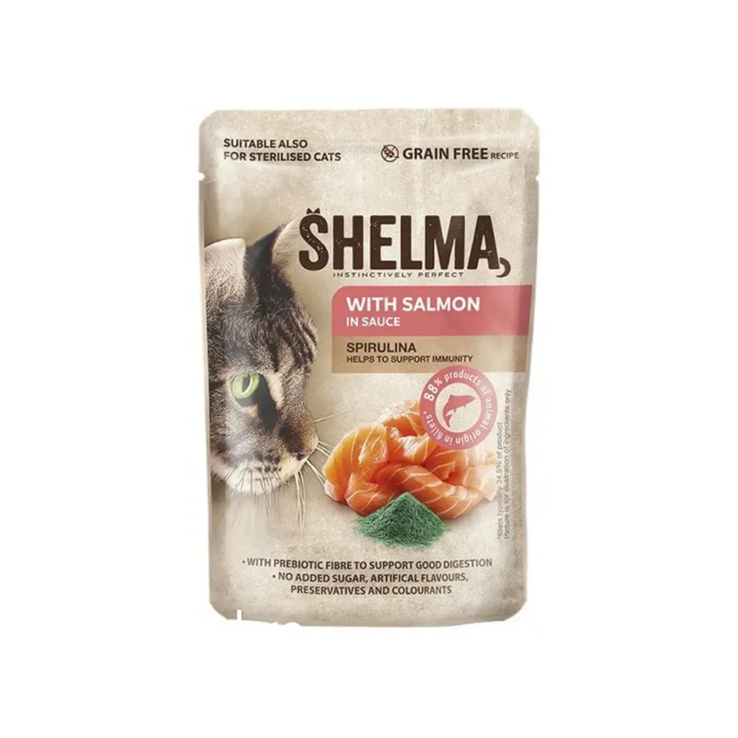 Shelma - паучове за котки със сьомга и спирулина в сос - 12 броя х 85 гр.