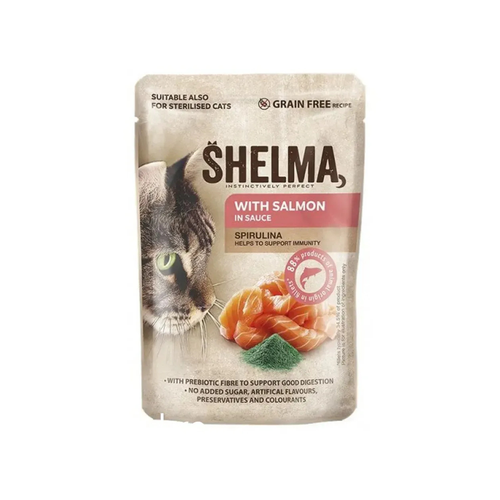 Shelma - паучове за котки със сьомга и спирулина в сос - 12 броя х 85 гр.