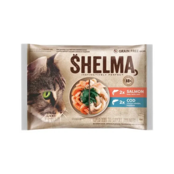 Shelma - паучове за котки със сьомга и треска в сос - 6 броя х 4х85 гр.