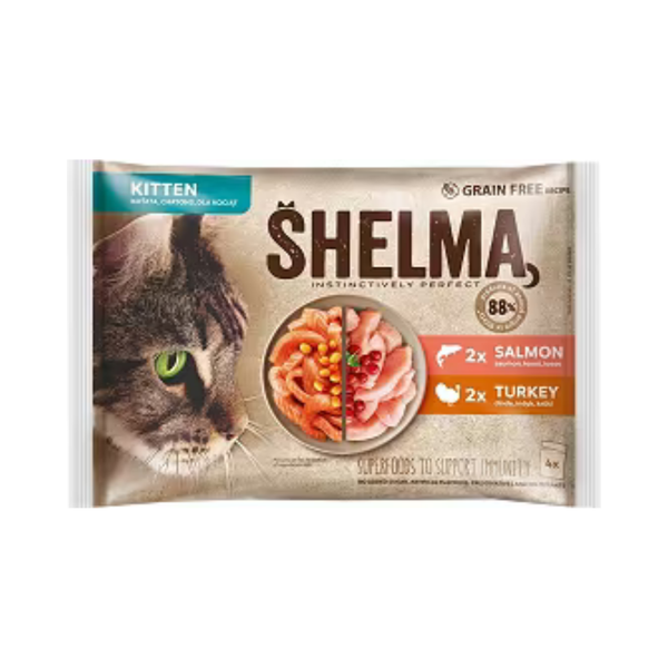 Shelma Kitten - паучове за подрастващи котки със сьомга в сос и пуешко в сос - 6 броя х 4х85 гр.