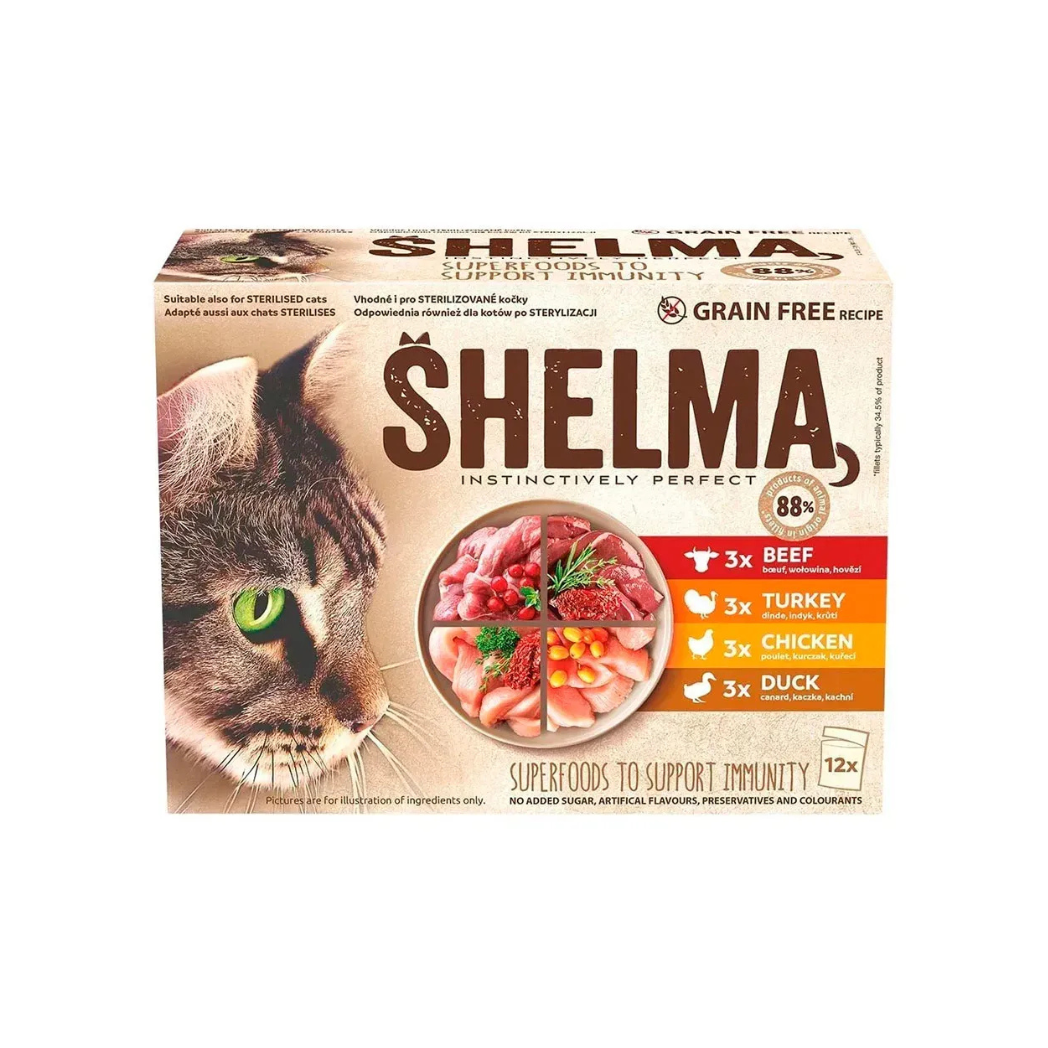 Shelma - паучове за котки с говеждо, пуешко, пилешко и патешко в сос - 12 броя в опаковка х 85 гр.