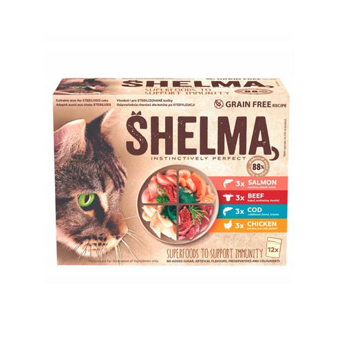 Shelma - паучове за котки със сьомга, говеждо, треска и пилешко в сос - 12 броя в опаковка х 85 гр.