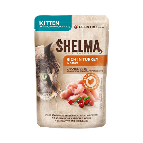 Shelma Kitten - паучове за подрастващи котки с пуешко и боровинки в сос - 12 броя х 85 гр.