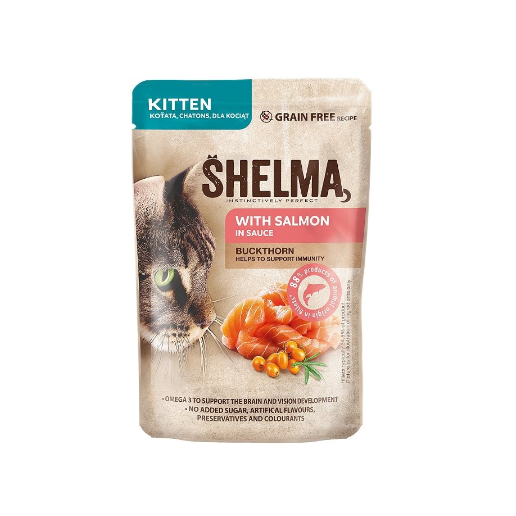 Shelma Kitten - паучове за подрастващи котки със сьомга и зърнастец в сос - 12 броя х 85 гр.