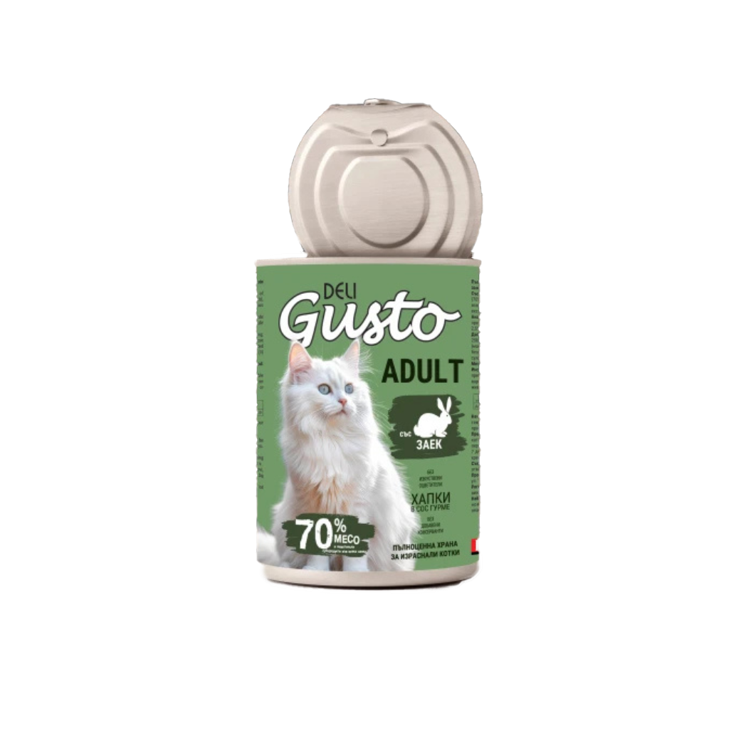 Deli Gusto Cat Rabbit - Консервирана храна за котки - хапки в сос заешко - 6 броя х 415 гр.