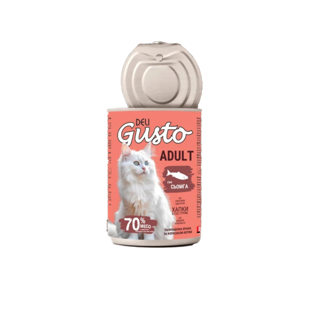 Deli Gusto Cat Salmon - Консервирана храна за котки - хапки в сос със Сьомга - 6 броя х 415 гр.