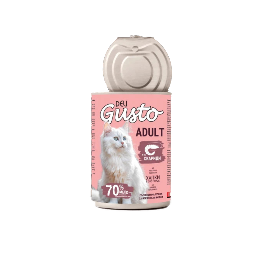 Deli Gusto Cat Shimp - Консервирана храна за котки - хапки в сос със скариди - 6 броя х 415 гр.