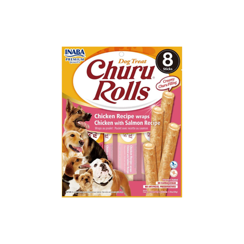 Inaba Churu Rolls - Лакомство за кучета с пиле и сьомга - 8 броя в опаковка х 12 гр.