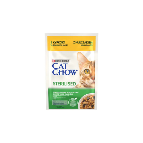 Purina Cat Chow Sterilised - пауч за кастрирани котки с пиле и патладжан - 6 броя х 85 гр.