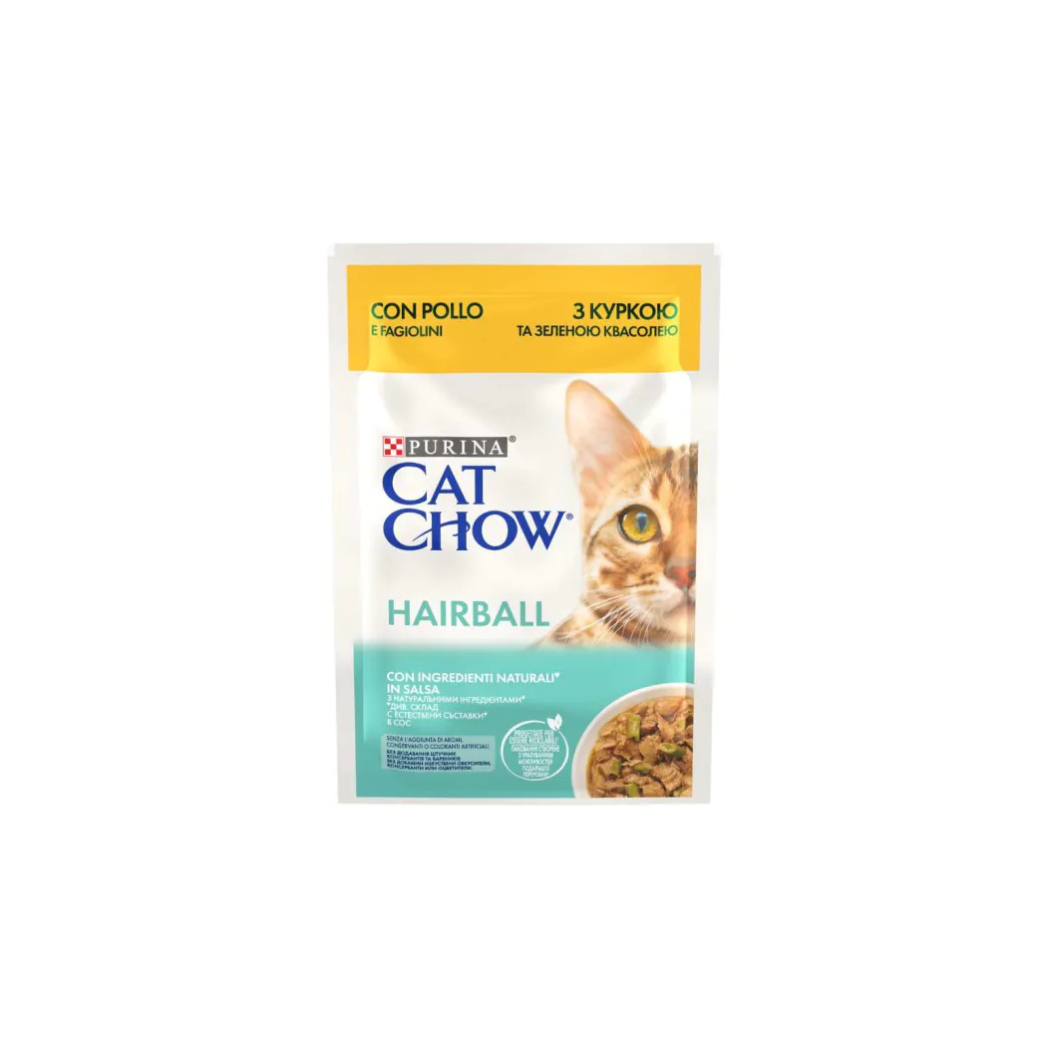 Purina Cat Chow Hairball Control - пауч за котки с пиле и зелен фасул - 6 броя х 85 гр.