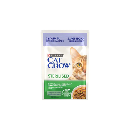 Purina Cat Chow Sterilised - пауч за кастрирани котки с агне и зелен фасул - 6 броя х 85 гр.