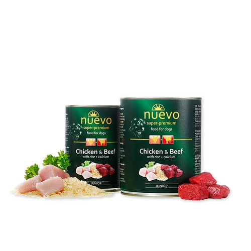 Nuevo Junior – консервирана храна за подрастващи кучета пиле и говеждо с ориз – 6 броя x 400 гр. или 6 броя x 800 гр.