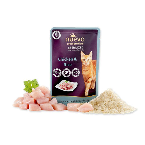 Nuevo super - premium adult - пауч за кастрирани котки с пиле и ориз - 6 броя х 85 гр.