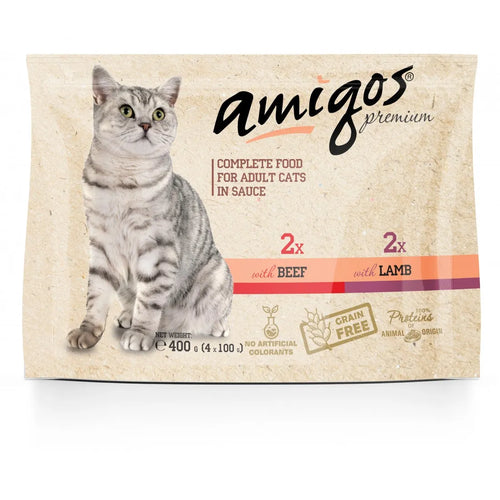 Amigos - паучове за котки с говеждо и агнешко - 6 броя x 4x100 гр.