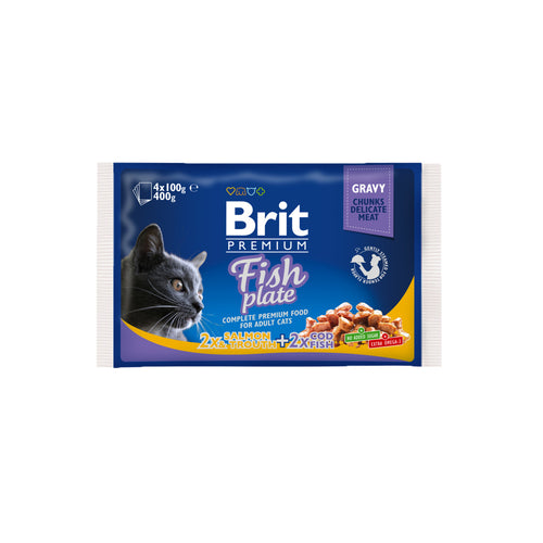 Brit Premium - паучове за котки хапки със сьомга и риба треска в сос грейви - 6 броя x 4x85 гр.