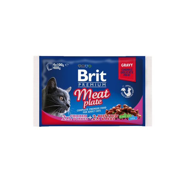 Brit Premium - паучове за котки хапки с пилешко, пуешко и говеждо месо в сос грейви - 6 броя x 4x85 гр.