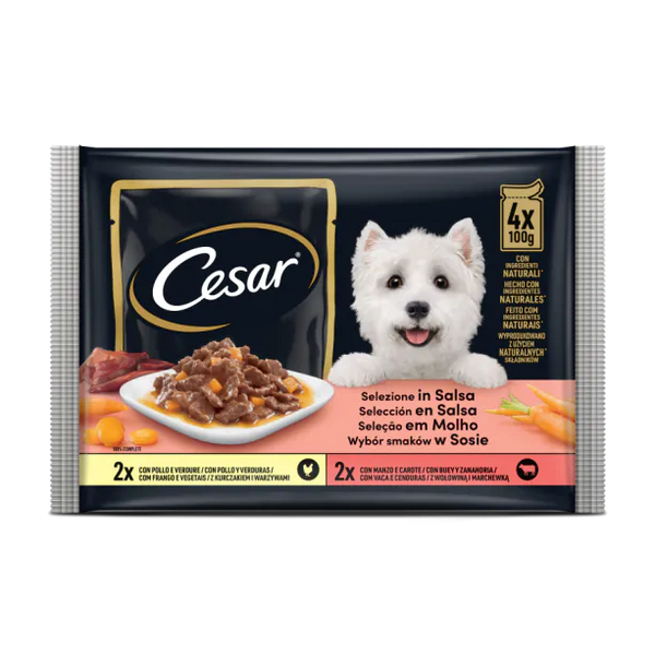 Cesar - паучове за кучета с пиле и говеждо в сос - 6 броя x 4 x 100 гр.
