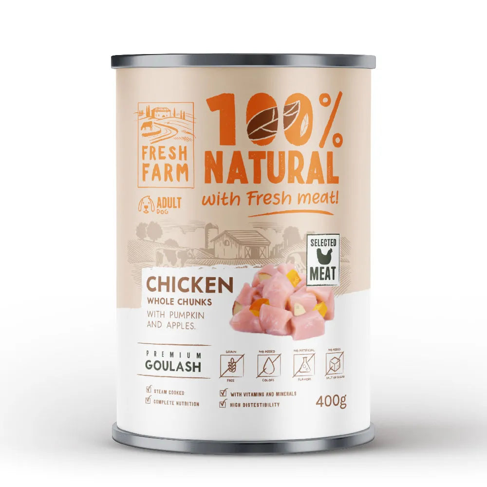 Fresh Farm - консервирана храна за кучета с гулаш пиле, тиква и ябълка - 6 броя х 400 гр.
