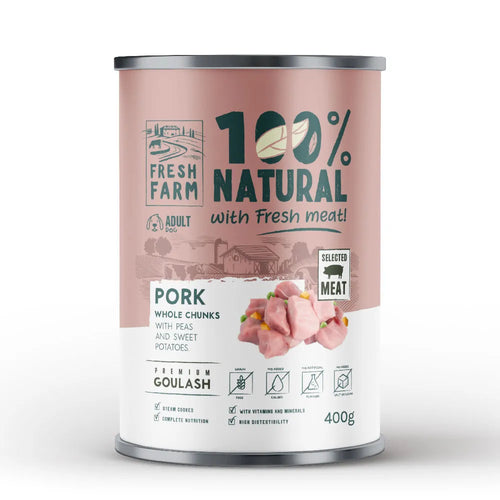 Fresh Farm - консервирана храна за кучета с гулаш свинско, грах и сладки картофи - 6 броя х 400 гр.