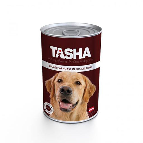 Tasha - консервирана храна за кучета с говеждо - 6 броя х 415 гр. или 6 броя х 1240 гр.
