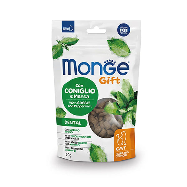 Monge Gift - дентални лакомства за котки, без зърнени култури със заешко и мента - 60 гр.