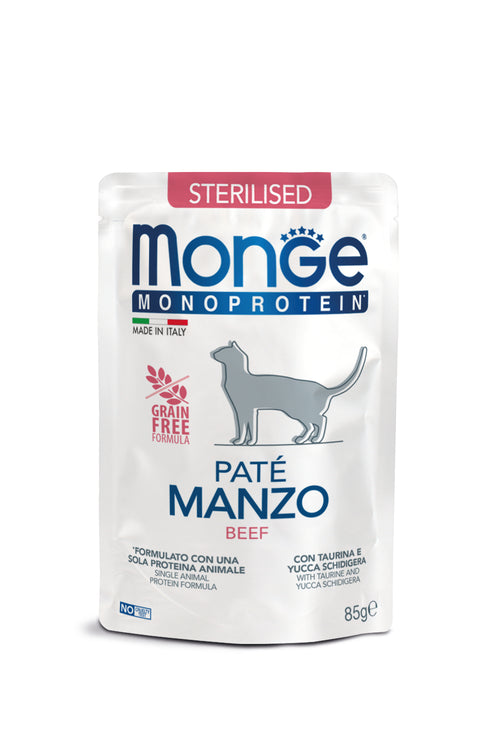 Monge Monoprotein - паучове за кастрирани котки с телешко и картофи - 6 броя x 85 гр.