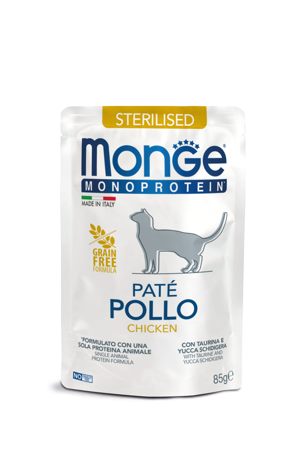 Monge Monoprotein - паучове за кастрирани котки с пилешко и картофи - 6 броя x 85 гр.