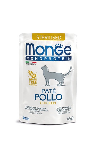 Monge Monoprotein - паучове за кастрирани котки с пилешко и картофи - 6 броя x 85 гр.