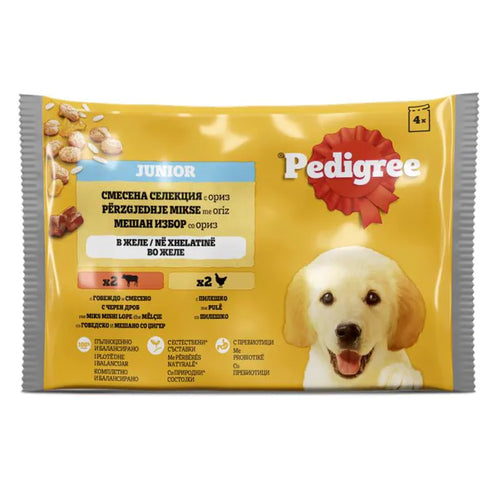 Pedigree - паучове за подрастващи кучета с пилешко, говеждо, ориз в желе - 6 броя x 4x100 гр.