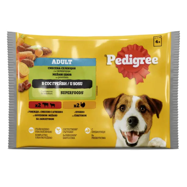 Pedigree - паучове за кучета с говеждо, агнешко, пуешко, моркови в сос грейви - 6 броя x 4x100 гр.