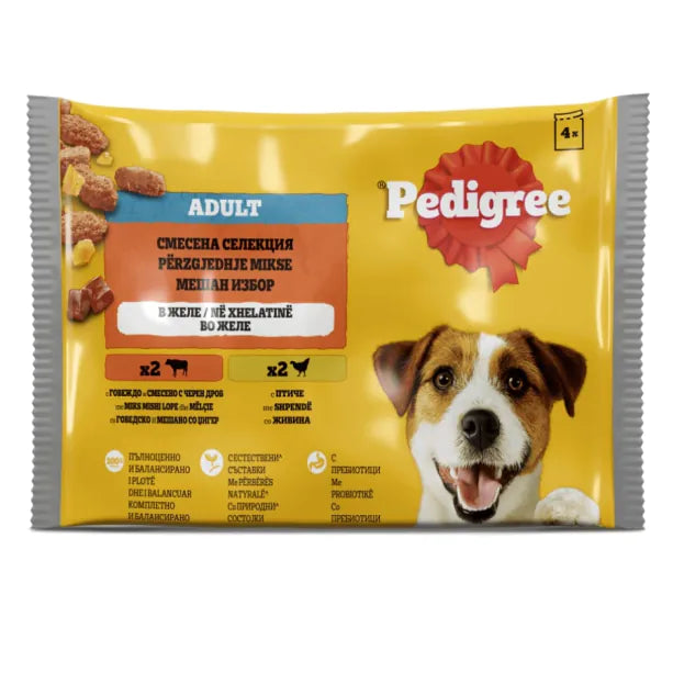 Pedigree - паучове за кучета с говеждо, птиче и дроб в желе - 6 броя x 4x100 гр.
