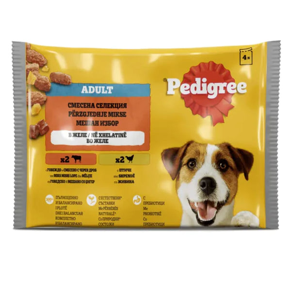 Pedigree - паучове за кучета с говеждо, птиче и дроб в желе - 6 броя x 4x100 гр.