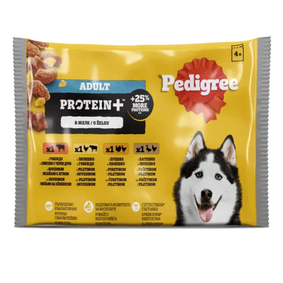 Pedigree - Protein + паучове за кучета с повишено съдържание на протеин, 4 вкуса в желе - 6 броя x 4x100 гр.
