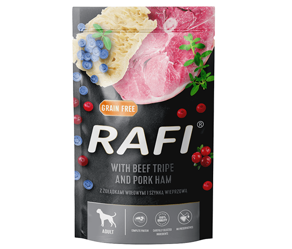RAFI – пауч за кучета с шунка и телешко шкембе – 6 броя x 500 гр.