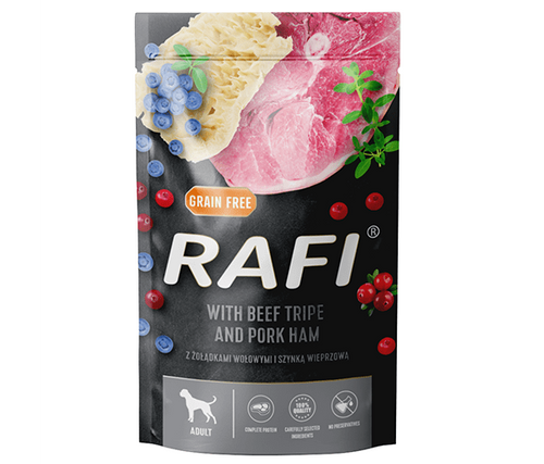 RAFI – пауч за кучета с шунка и телешко шкембе – 6 броя x 500 гр.