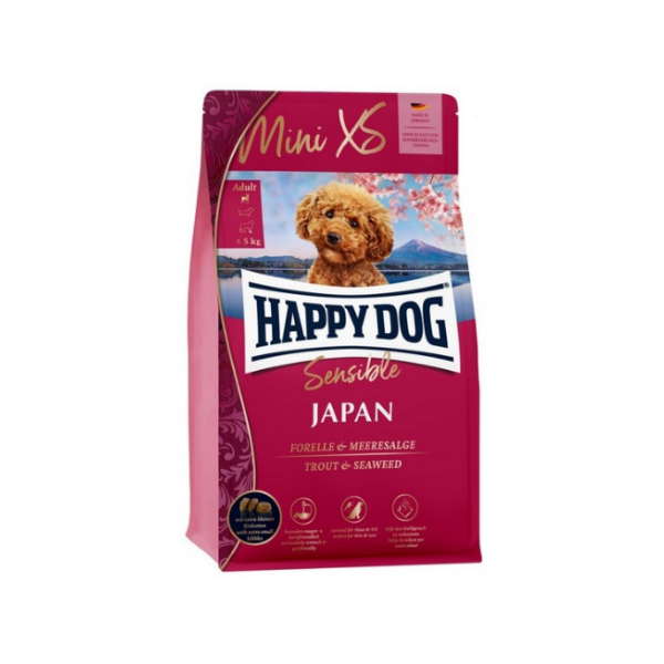 Happy Dog Japan - суха храна за чувствителни кучета от мини породи до 5 кг. с пъстърва, пилешко месо и водорасли