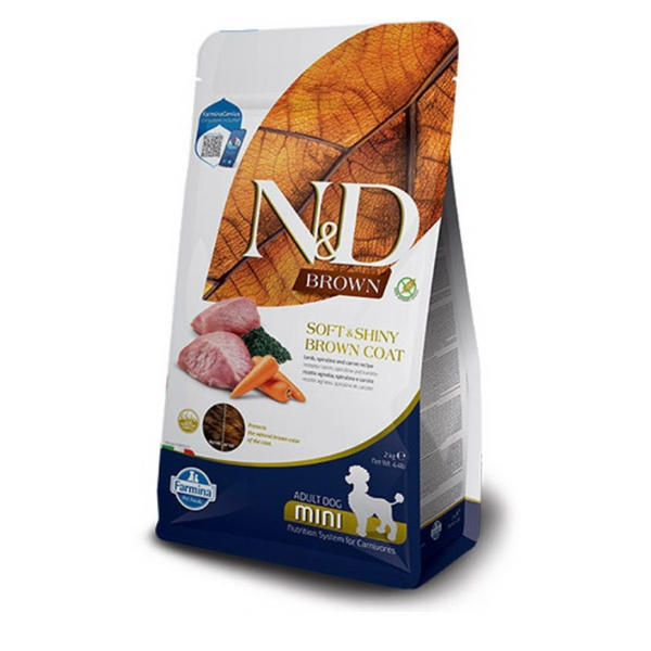 N&D – суха храна за кучета с кафява козина от мини породи, с агнешко, спирулина и морков - 5 кг.