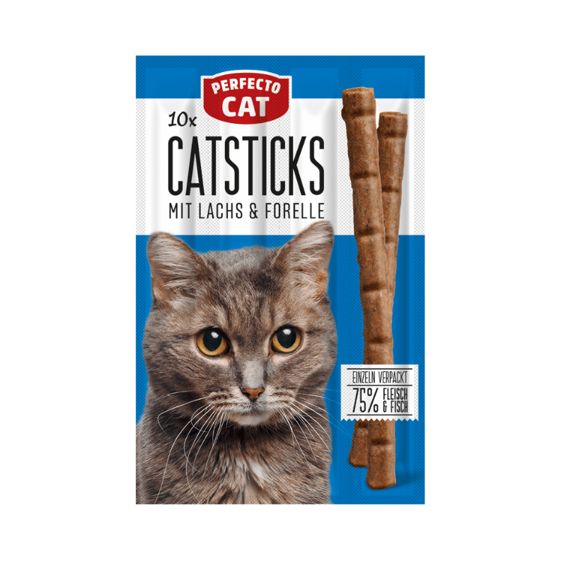 Perfecto Cat - лакомства за котки саламени пръчици със сьомга и пъстърва - 10 броя в опаковка