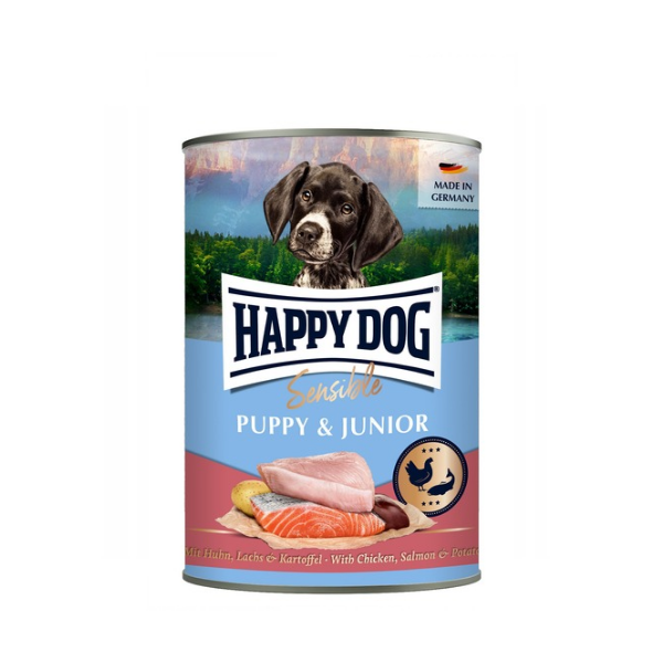 Happy Dog - консервирана храна за подрастващи кучета с пиле, сьомга и картофи - 6 броя x 400 гр.