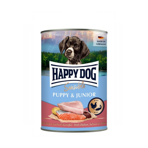 Happy Dog - консервирана храна за подрастващи кучета с пиле, сьомга и картофи - 6 броя x 400 гр.