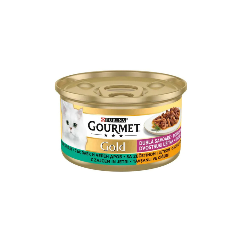 Gourmet Gold - консервирана храна за котки с заешко и дроб - 6 броя х 85 гр.