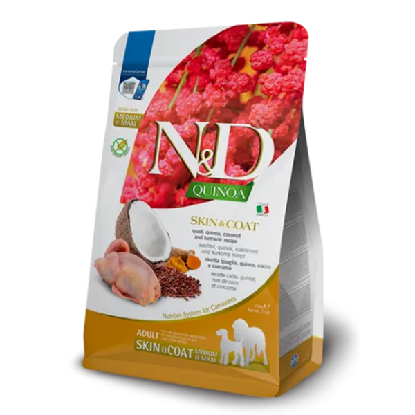 N&D Quinoa Skin & Coat – суха храна за кучета от средни и едри породи с пъдпъдък, киноа, кокос и куркума - 7 кг.