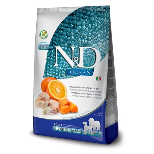 N&D Ocean Adult Med/Maxi – суха храна с треска, тиква и портокал за възрастни кучета от средни и едри породи