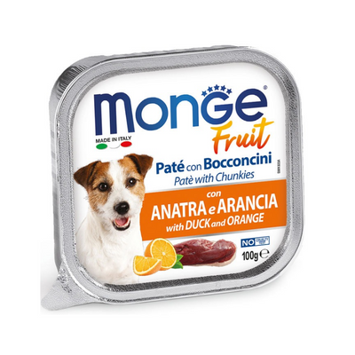 Monge Fruit - паучове за кучета с патешко и портокал - 6 броя x 100 гр.
