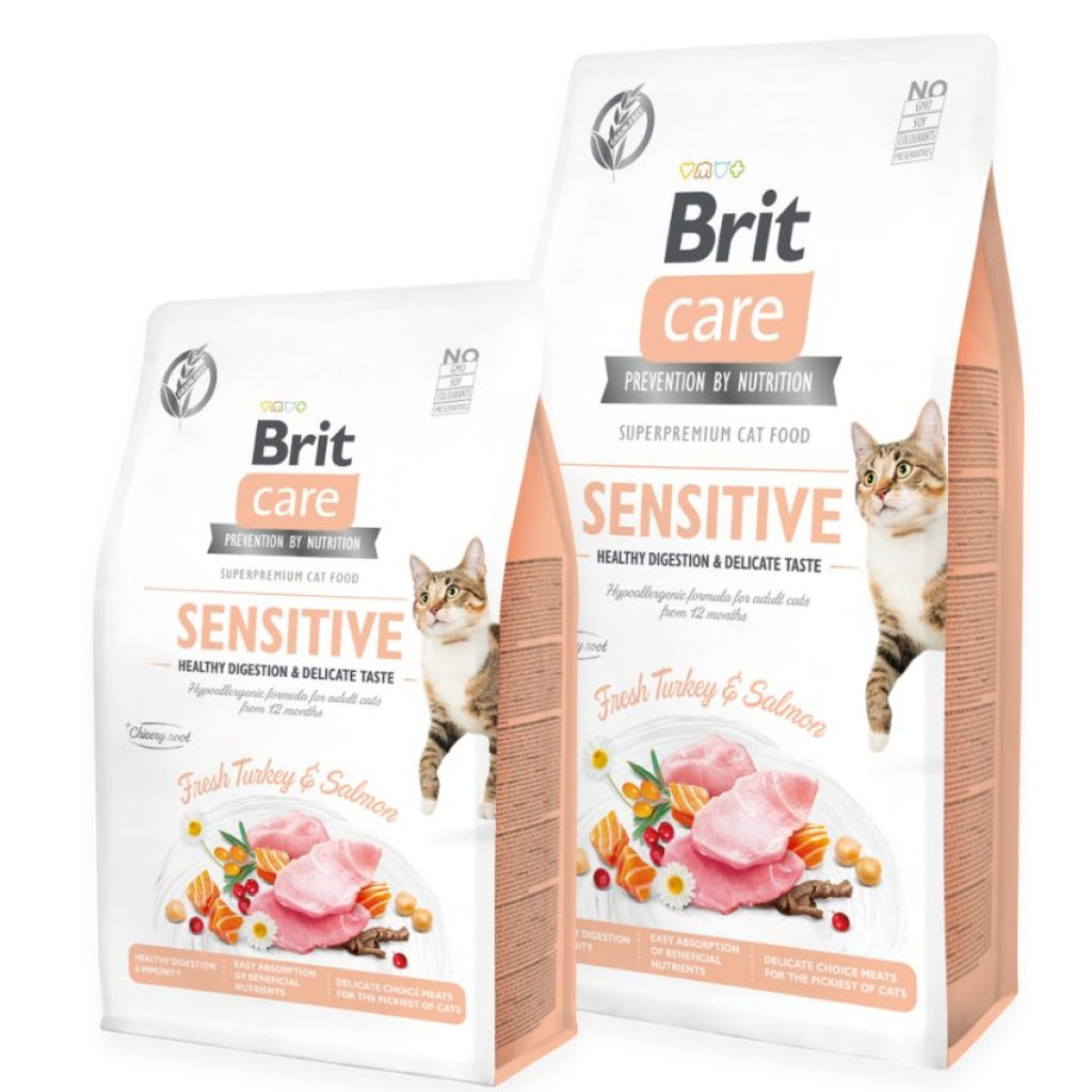 Brit Care - суха храна за котки с чувствително храносмилане с прясно пуешко, сьомга и зеленчуци